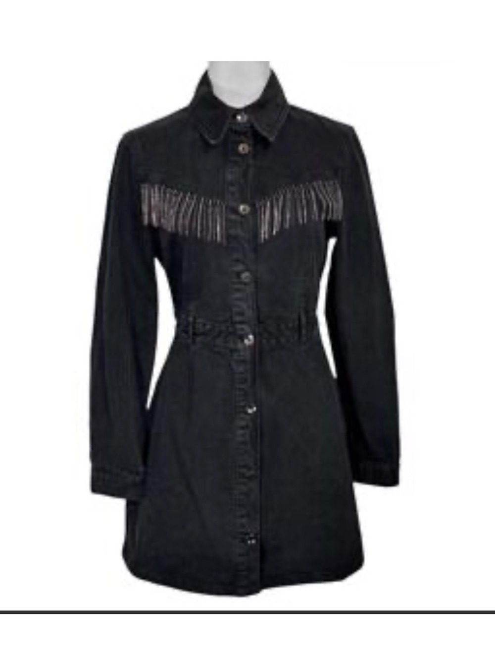 Black Denim Button-Up Dress with Silver Studded Fringe Detai
